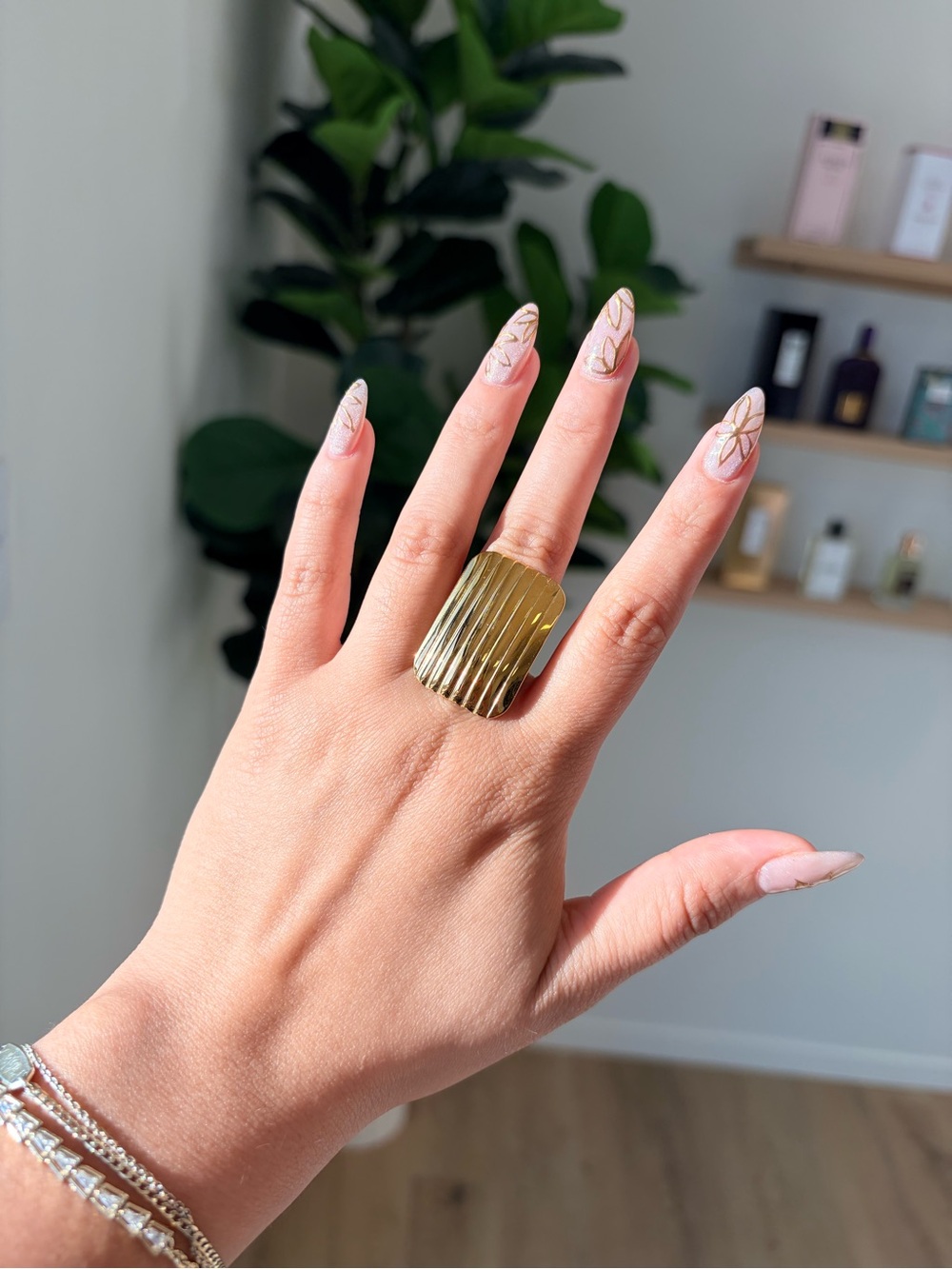 Gold Ribbed Statement Ring - Women Makeup Accessory